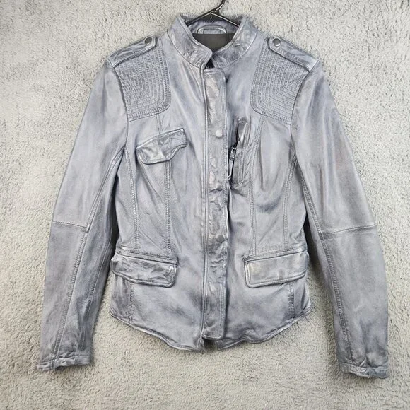 Y2K Vegan Faux Leather Cafe Racer Moto Jacket Women's Small Slate Blue Petina - Picture 6 of 13